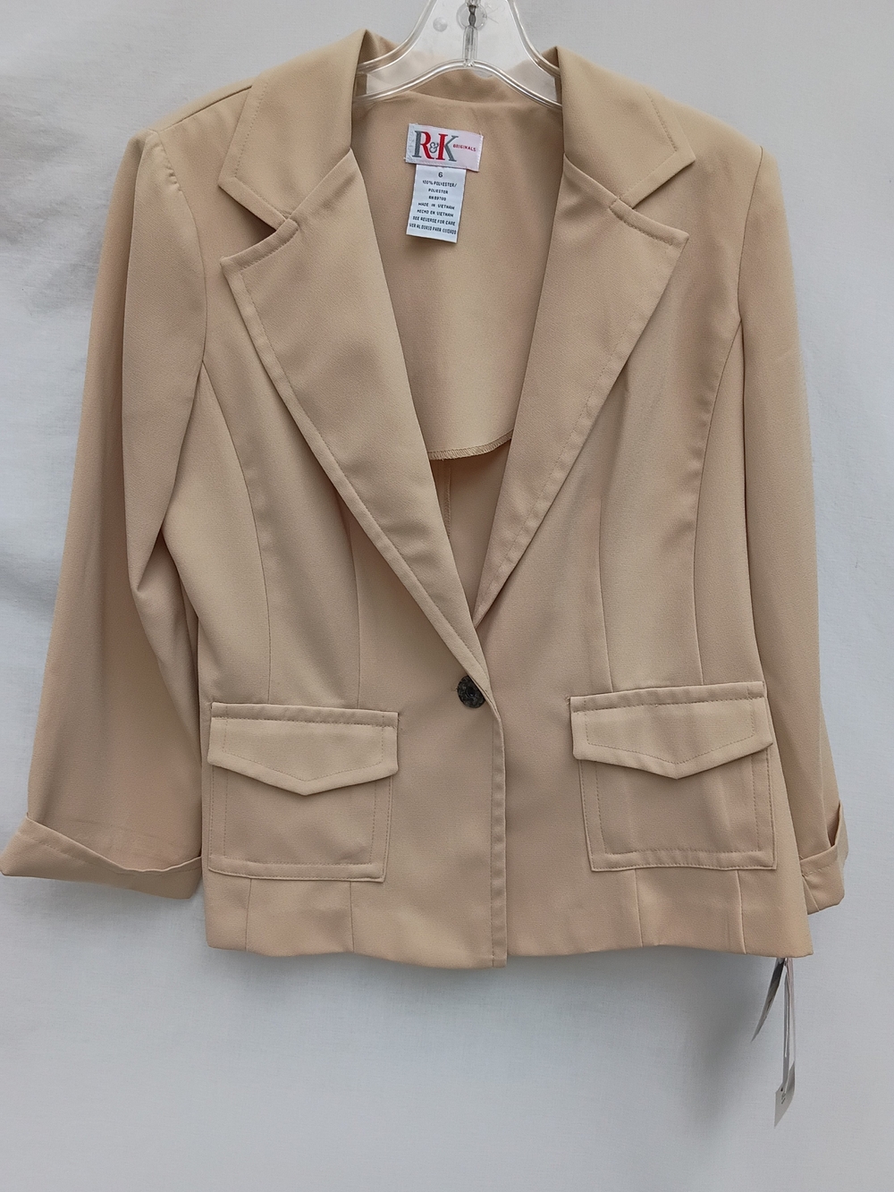 R&K Cream Single-Button Tailored Blazer Front Pockets Minimalist Tan Size 6